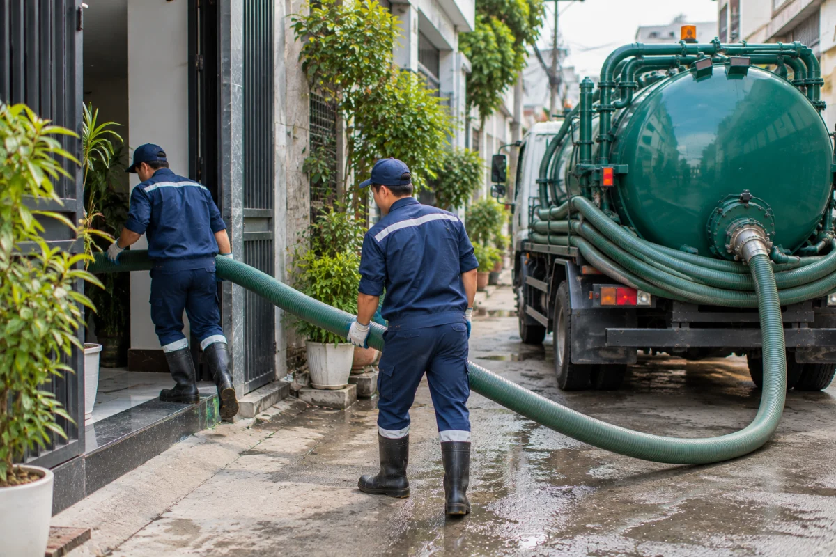 Xe hút bể phốt Phú An đang làm việc